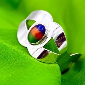 Vintage Mexican Sterling Silver Cuff 70s Bracelet, Rainbow Cabochon Unisex
